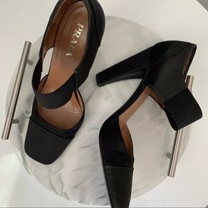 PRADA BLACK SATIN MARY JANE SQUARE TOE PUMPS